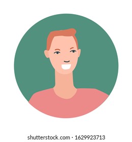 Colourful male face circle in flat style. Cartoon vector icon in modern design. Men silhouette avatar profile. Person round portrait isolated.
