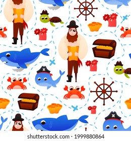 Colourful map pattern for kids, treasure hunting with pirate character and underwater sea animals in cartoon style