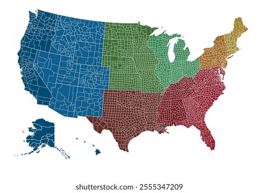 Colourful map regions of USA