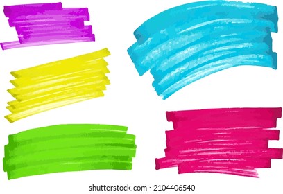 Formas de franja de resaltado de marcadores coloridas. Colección de elementos horizontales rectangulares dibujados a mano. Diseño de vectores para notas, recordatorios, revistas de bala, memo, planificador, colaboración, etc.