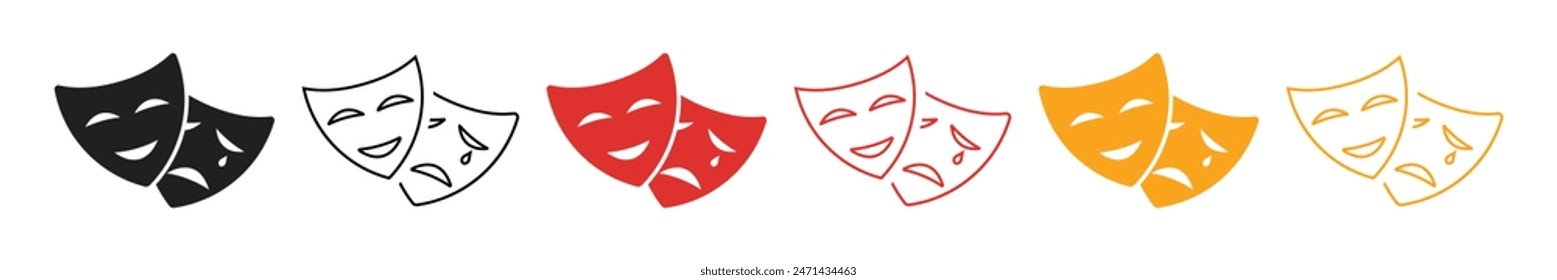 Colourful masquerade vector icon set. Comedy and tragedy mask symbol. Happy and sad mask symbol.