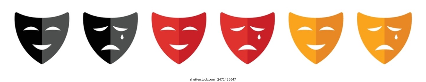 Colourful masquerade vector icon set. Comedy and tragedy mask symbol. Drama theater mask sign. Happy and sad mask symbol.