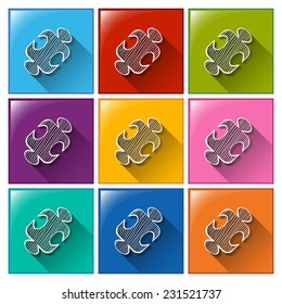 Colourful math buttons on a white background 