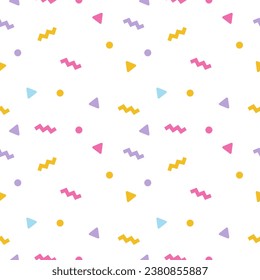 Colourful Memphis design seamless pattern on white background.