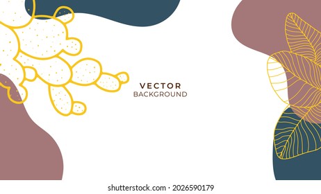Colourful minimal summer background with flowers and tropical summer leaf. Luxury minimal style wallpaper with golden line art flower and botanical leaves, Organic shapes. Autumn sale banner vector