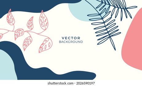 Colourful minimal summer background with flowers and tropical summer leaf. Luxury minimal style wallpaper with golden line art flower and botanical leaves, Organic shapes. Autumn sale banner vector