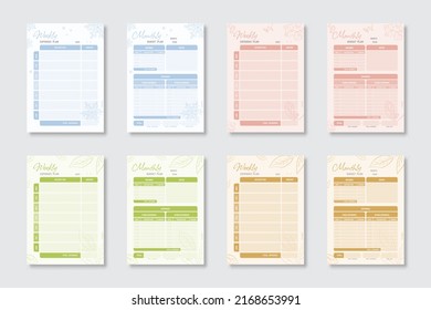 Colourful minimalistic seasonal monthly and weekly financial planners template set. Budget management. Total of income and expenses. Vector illustration