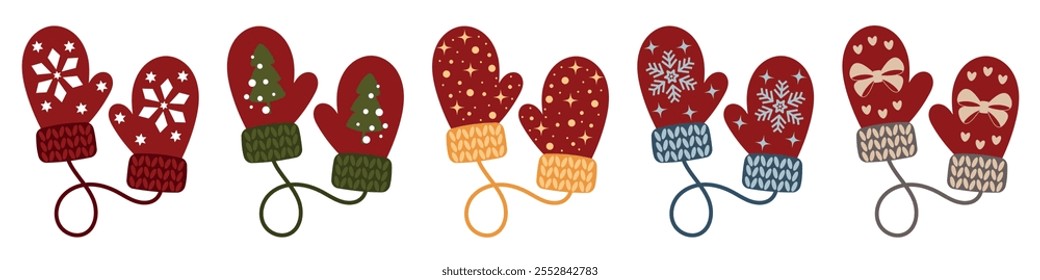 Colourful mittens with Christmas pattern. Warm accessory for winter. Decorative element for Christmas design. Knitted mittens with white pattern.