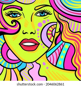 Colourful modern abstract woman face. Hand drawn vector illustration.