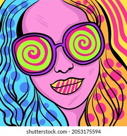 Colourful modern abstract woman face. Hand drawn vector illustration.