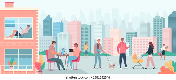 Colourful modern cityscape and vector cartoon people walking in the street