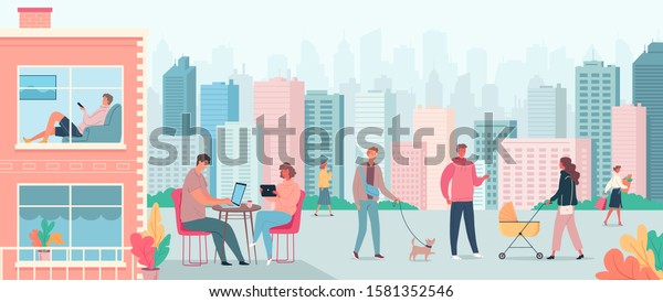 Colourful modern cityscape and vector cartoon\
people walking in the\
street