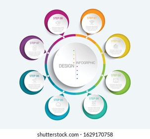 Colourful modern infographic, vector illustration with 8 circle options can be used for workflow layout, diagram, plan, web design, banners, timeline 