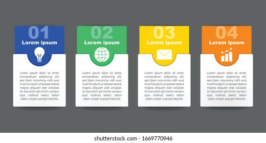 Infografía moderna de color, ilustración vectorial con 4 cuadros de texto en fondo gris 