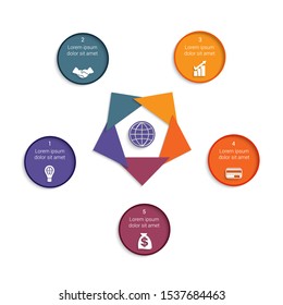 Colourful modern template for infographic 5 positions possible to use for projects business, workflow, banner, diagram, web design, timeline, area chart,number options. 