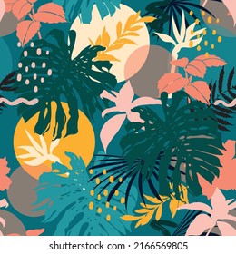 Colourful Modern tropical  Art Future Abstract and artistic palm jungle leaves Seamless pattern Vector ,Design for fashion , fabric, textile, wallpaper, cover, web , wrapping and all prints 