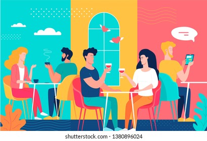 Colourful modern urban cafe and young people vector illustration