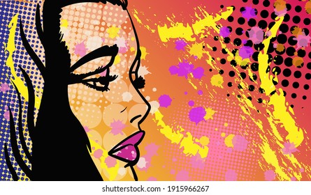 Colorida ilustración vectorial moderna al estilo del arte pop con la dama abstracta al estilo de los antiguos cómics de moda. Ilustración vectorial dibujada a mano.