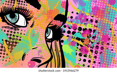 Colourful modern vector illustration in pop art style with the abstract lady in old fashion comics style. Hand-drawn vector illustration.