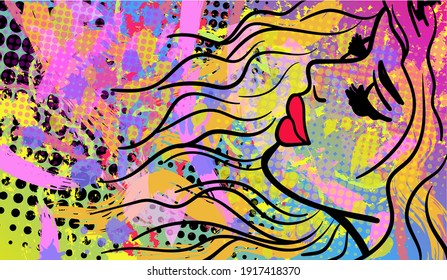 Colourful modern vector illustration in pop art style with the abstract lady in old fashion comics style. Hand-drawn vector illustration.