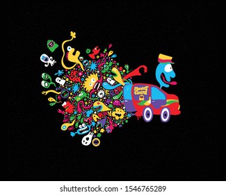 Colourful monsters break out from monster truck that has been catching them