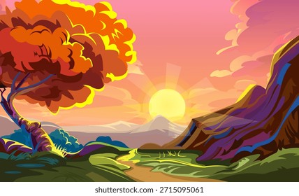Projeto Vetor de Fundo da Manhã Colorido, Nascer do Sol da Manhã, Ilustração de Fundo do Nascer do Sol do Desenho Animado
