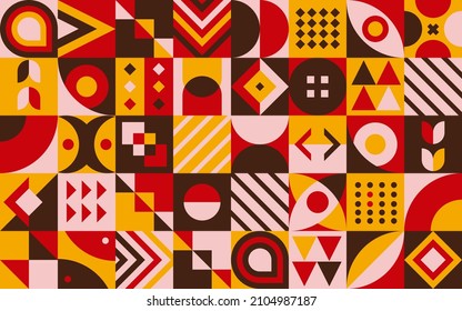 Colourful mosaic bauhaus background. Geometric elements with a warm vintage color palette in abstract background. Vector retro illustration easy to edit and customize