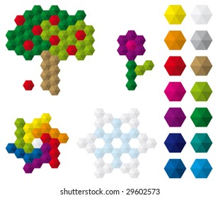 Colourful mosaic tiles set and mosaic figures â?? fruit-tree, flowee, rainbow swirl and snowflake.