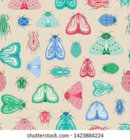 Colourful moths and beetles seamless repeat pattern. A vector design of insects and bugs.