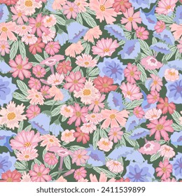 Colourful mottled  pattern with  light pink and blue flowers on the green background. Allover scattered repeat. For textile, wallpaper, packaging, DIY projects.