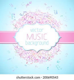 Colourful music background. Set of various music notes and vintage badge in the center. There is place for your text.