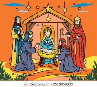 cena de Natividade colorida retratando o bebê Jesus, Maria, José e os Magos em Belém desenho de linha simples