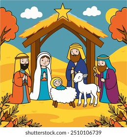 cena de Natividade colorida retratando o bebê Jesus, Maria, José e os Magos em Belém desenho de linha simples