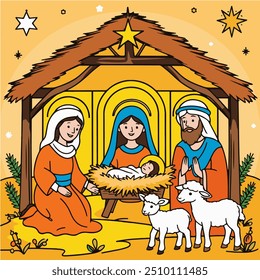 cena de Natividade colorida retratando o bebê Jesus, Maria, José e os Magos em Belém desenho de linha simples