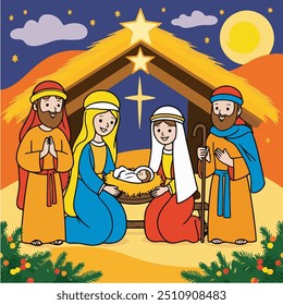 colourful Nativity scene depicting baby Jesus, Mary, Joseph and the Magi in Bethlehem simple line drawing