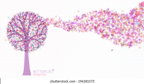 Colourful nature background. Tree silhouette with butterflies. Wave of butterflies. There is place for your text.