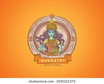 Colourful Navratri Greetings Logo or unit  with Goddess Durga illustration. 