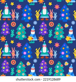 Colourful  New Year pattern with Christmas tree, Santa Claus, rabbit and stars. For wrapping paper, textile, cards, web.