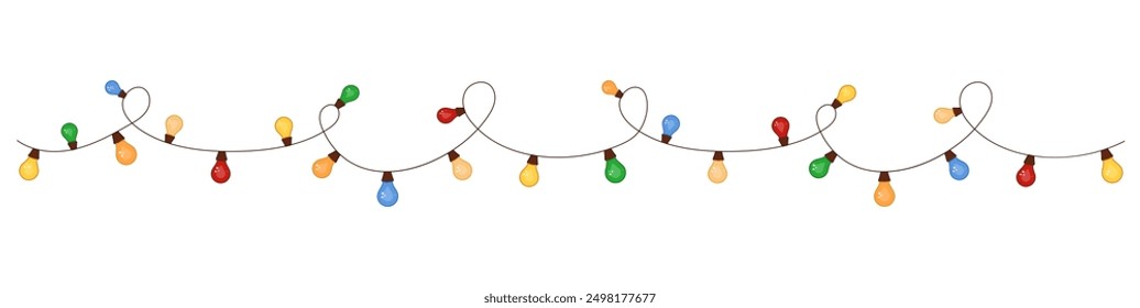 Colourful New Years lighting equipment cord of lights. Multicolored light bulbs. Christmas design element. Vector illustration festoon.