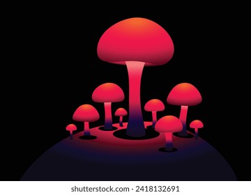 Colourful Night Gradient Mushroom Vector, Group of Mushrooms Vector