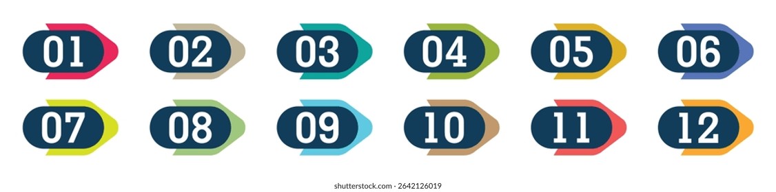 Colourful Number Bullet points from one to twelve vector set.