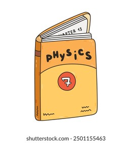 Colourful open school textbook on physics for seven grade. Doodle kids academic book, literature, encyclopedia. Back to school supply for study, reading, learning. Hand drawn outline illustration.