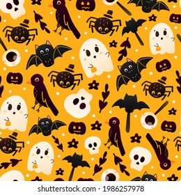 Colourful orange halloween seamless pattern for wrapping paper or textile with cute spider, crow and ghost characters