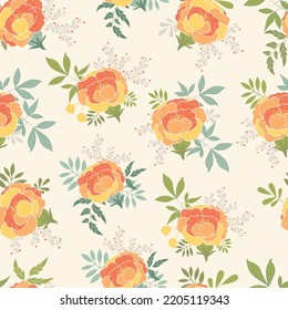 Colourful orange yellow peonies with green leaves on light ground vector seamless pattern design. Great for fabric, textiles, packaging, covers, walls, and more