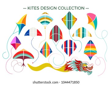 Colourful ornate sky kites set. Flat design vector illustration.