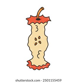 Colourful outline apple core with stem, stub and seeds. Bitten doodle apple as snack at school, organic nutrition, fitness concept. Hand drawn vector illustration isolated on white background