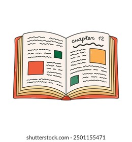 Colourful outline open book with chapter and pictures. Cute concept of reading lovers, kids learning, study. Academic book, literature, encyclopedia. Back to school supply. Hand drawn isolated doodle