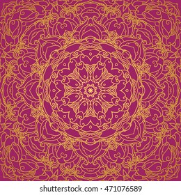 Colourful outline vector mandala. Round Ornament Pattern.  hand drawn background. Islam, Arabic, Indian, ottoman motif. Fuchsia golden orange texture for banner, wedding invitation, greeting card