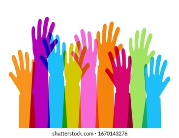 Colourful overlapping silhouettes of hands raised, donation and charity concept vector illustration