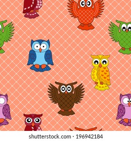 Colourful owl seamless pattern over seamless background, hand drawing cartoon vector illustration